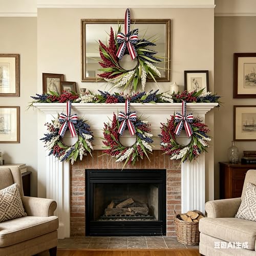 6 Pcs Small 4th of July Hanging Wreaths for Cabinets Patriotic Red White Blue Artificial Ear of Wheat Ring Small Pillar Candle Holder Wreath for Independence Day Memorial Day Porch Front Door - color: Patriotic-3