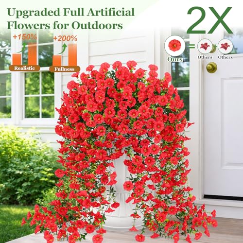 Yastouay Artificial Hanging Flowers for Outdoors, Fake Hanging Flowers for Decoration, UV Resistant Artificial Outdoor Plants, 2 Pcs Morning Glory for Outdoors Garden Patio Porch Yard Decoration, Red - color: Red, size: 2 Pack