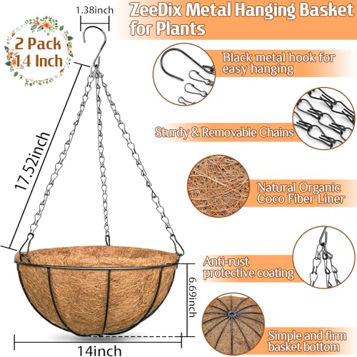 ZeeDix 2 Pack 14 Inch Hanging Baskets for Plants Outdoor, Metal Wire Round Planters with Coco Liner, Hanging Flower Baskets for Home Garden Porch Balcony Railings Decor - color: 2 Pack, size: 14 Inch