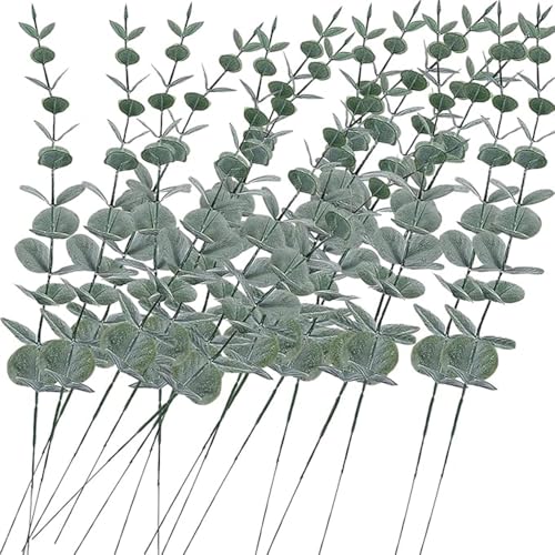 60pcs Eucalyptus Stems Artificial Eucalyptus Leaves Fake Greenery Branches Stems Faux Eucalyptuses Wedding Bouquet (60, Green) - color: Green