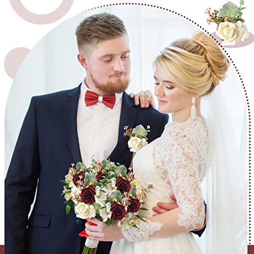 Canlierr 6 Pcs Rose Boutonniere for Men with Pins Wedding Groom and Groomsmen Corsage Artificial Flowers for Vintage Wedding Anniversary Dinner Party Prom Suit Decorations (Wine Red,Creamy White) - color: Wine Red, Creamy White