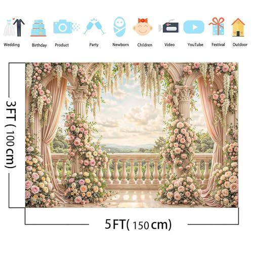 5 x 3 ft Pink Floral Backdrop Rome Garden Balcony Arch Retro Flowers Photography Backdrops Wedding Birthday Party Decorations Baby Bridal Shower Portrait Photo Background Studio Props Wall Decor - color: Multi02, size: 5X3FT