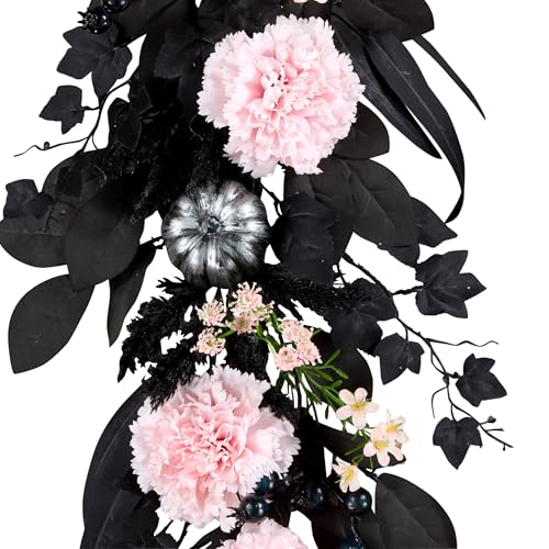 National Tree Company Artificial Pretty Morbid Pink Carnation Halloween Garland, Black, Silver Pumpkins, 6 Feet