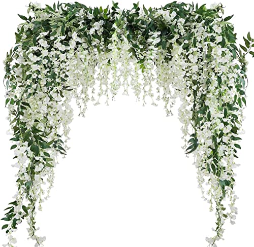 Veryhome 3Pcs 7.2Ft/Piece Artificial Flowers Wisteria Garland Artificial Wisteria Vine Hanging Flower Greenery Garland for Home Garden Outdoor Wedding Arch Floral Decor (White) - color: White