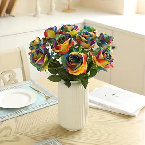 Laelfe 12 PCS Artificial Flowers Rainbow Roses Silk Flowers Fake Long Stem Artificial Colorful Roses for Christmas Home Wedding Bathroom Kitchen Decorations (Colorful) - color: Multi-color