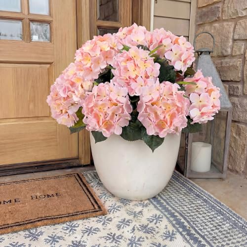 Janinka 2 Pcs Pink and White Outdoor Artificial Hydrangea Stem Large Faux Hydrangea Bushes with 5 Heads Uv-Resistant Waterproof Outdoor Faux Floral for Porch Wedding Yard Garden Decorations - color: Pink and White