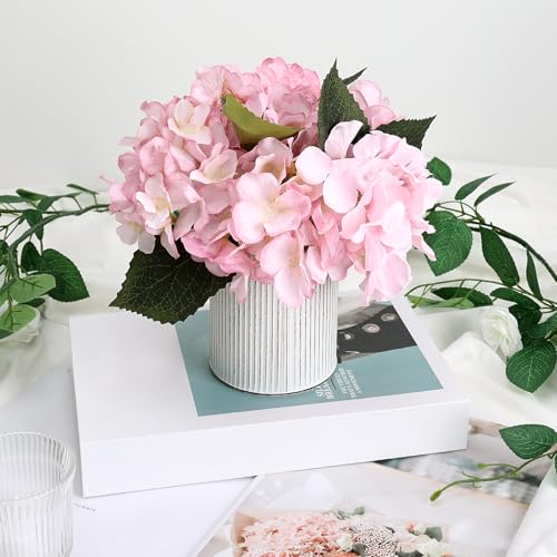 Flower Table Centerpieces - Set of 6 Floral Arrangement Artificial Wedding Hydrangeas Floral Arrangement with Rustic Metal Vase for Bridal Tea Party Event Decorations - Pink - color: Pink