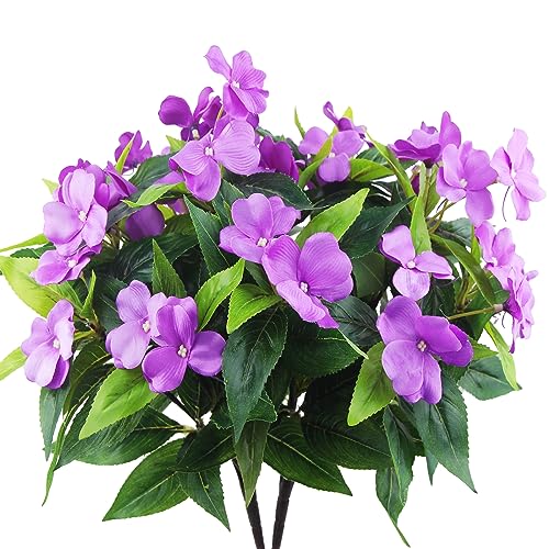 2 Pcs Artificial Impatiens Flowers for Outdoors Faux Impatiens Bushes Purple Silk Flowers Greenery Faux Flowers for Outdoor Planters Patio Lawn Garden Balcony Pot Hanging Basket Porch Decor - color: Purple