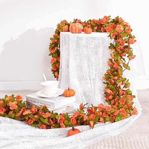 BLEUM CADE 5Pcs 41Ft Flowers Garland Artificial Rose Vines for Bedroom, Cute Fake Hanging Flower Vines Floral Garland Decorations for Wedding Party Wall Room Decor Aesthetic - color: Orange, size: 5 Pcs