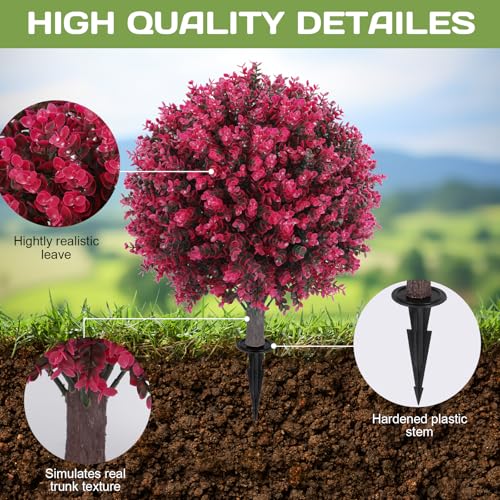 Artificial Red Eucalyptus Topiary Ball Tree 24" with Ground Spike, Set of 2 Artificial Boxwood Bushes for Faux Shrubs, Fake Evergreen Faux Plant for Indoor Outdoor Garden -UV Resistant–Fade-Proof - color: Red Eucalyptus