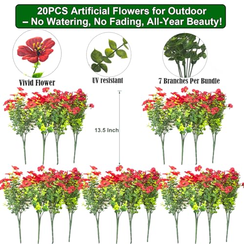Grunyia 20 Bundles Artificial Flowers for Outdoors, UV Resistant Fake Plants Flowers Greenery Shrubs Plants for Decoration Outside Plants Hanging Planter Home Garden Decor (Red) - color: Red