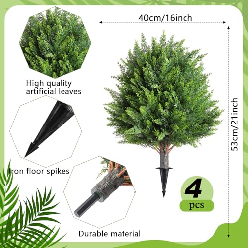 Canlierr 4 Pcs 21 Inch Artificial Cedar Topiary Ball Trees with Ground Spike, Cypress Plants UV Resistant Shrubs Fake Bushes for Outdoor Indoor Front Porch Garden Decor