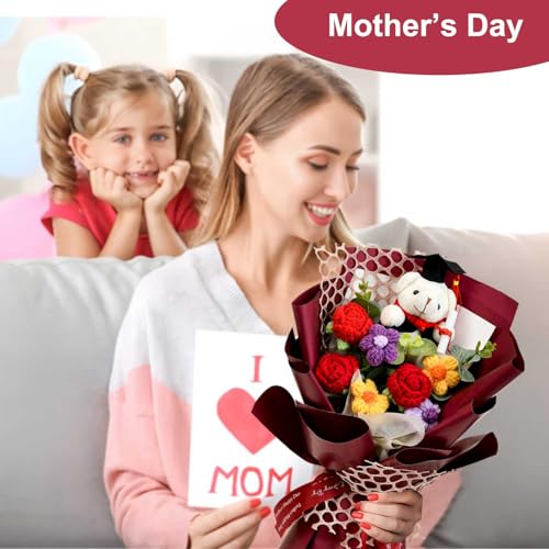 Graduation Gifts Crochet Flowers Bouquet, Handmade Sunflower Rose Bear Graduations Flower Bouquet for Birthday, Teacher Appreciation Gifts, Christmas, Home Décor (Include Card) Red - color: Red