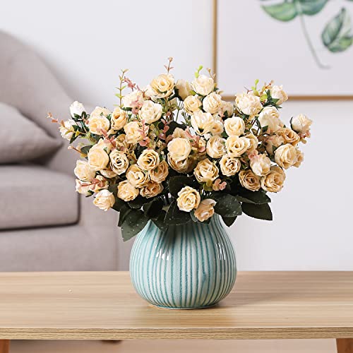 Duovlo 7 Branch 21 Mini Rose Heads Artificial Flowers Bouquet Wedding Home Office Decor,Pack of 2 (2 PCS Champagne) - color: 2 Pcs Champagne