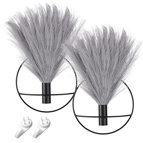 Pretty Jolly Boho Wall Decor Pampas, Wall-Mounted Metal Wall Art, Hanging Artificial Plant, Wall Decor for Living Room, Bedroom, Bathroom, Office, Dorm, Modern wall Decor 2 Pack - color: 11-pampas-gray, size: S 7.8inch (Black Ring)