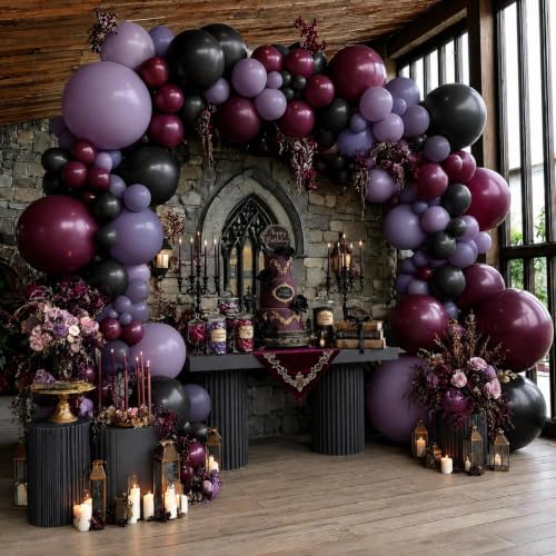 Purple and Black Balloon Arch Kit, 102PCS Double Stuffed Burgundy Dusty Purple Lavender Balloon Garland for Gothic Birthday Wedding Bridal Shower Graduation Halloween Party Decorations - color: Purple Black