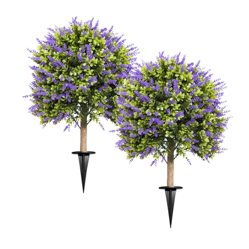Artificial Lavender Topiary Ball Trees, 2 Set of UV Resistant Fake Evergreen Shrubs Bushes Plants with Ground Spike, Faux Bushes for Outdoor Indoor Front Porch Garden Yard - color: Lavender, size: with Ground Spike