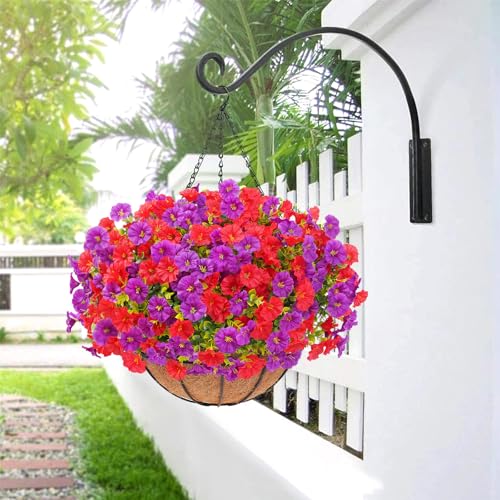 Elyum 2 Pack Artificial Hanging Flowers for Outdoors, Fake Flowers Artificial Petunias Hanging Baskets for Outdoors, UV Resistant Fake Hanging Plants Flowers for Outside Garden Patio Porch Decor - color: Purple&red, size: 2 Pack