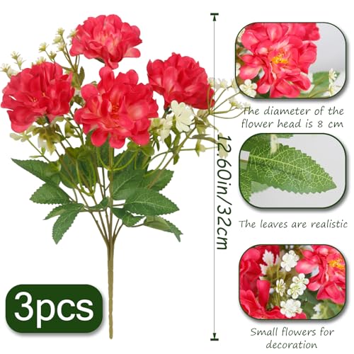 3 Pcs Artificial Flowers for Outdoors Red Faux Geraniums Bush UV Resistant Artificial Topiary for Potted Silk Flowers Outdoor for Planters Hanging Basket Window Front Porch Garden Patio Decor - color: Red