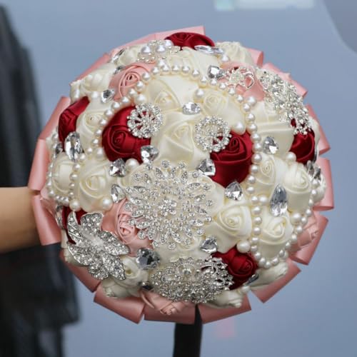 Brooch Wedding Bouquet with Bling Silver Rhinestone Pearl Satin Rose Flower for Bride Bridesmaid Quinceanera Burgundy and Blush Pink Ivory Bridal Bouquet Wedding 8.3in - color: Burgundy, Blush & Ivory, size: Diameter: 8.3 inches