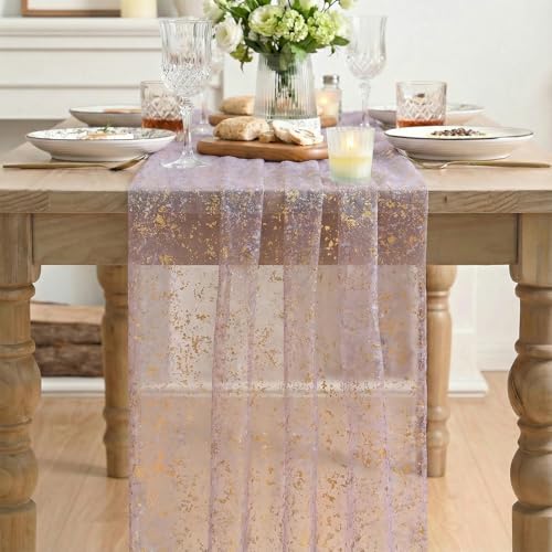 Artoid Mode Grayish Purple Gold Gauze Table Runner 120 Inch 10FT, Glitter Metallic Foil Sheer Dining Wedding Anniversary Holiday Birthday Table Decor for Home Party - color: Grayish Purple, size: 28" x 120"