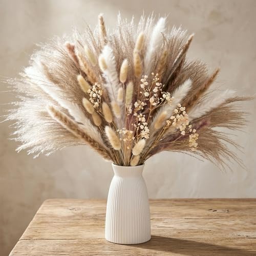 JOHOUSE 120PCS Dried Pampas Grass Set for Vase, Natural Pampas Grass Eucalyptus Stems Bunny Tails 17 inches for Boho Home Wedding Farmhouse Decor