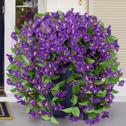 Artificial Hanging Flowers for Outdoors, 2 Pack Purple Silk Morning Glory Fake Flowers UV Resistant Faux Petunias Hanging Artificial Plants Trailing Vines for Porch Garden Spring Summer Planter Decor - color: Purple
