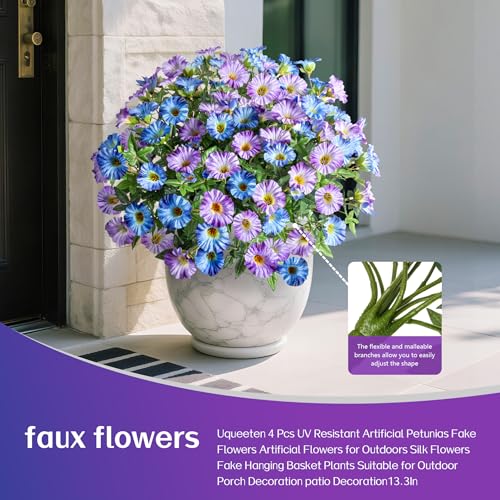 Blue Purple Artificial Morning Glory Flowers for Outdoor Planters, Premium UV Resistant Silk Faux Flowers for Porch, Hanging Basket & Window Box, Cottage Garden Decor, No Pot, 13.3 Inch, 8 Bundles - color: Blue Purple 8pcs