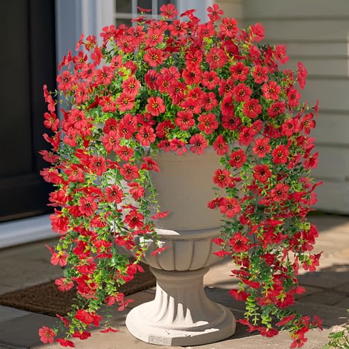 Ammyoo Artificial Hanging Flowers for Outdoors Fake Plants Decoration, 2 Pcs Faux Silk Daisy Flower Realistic Outdoor Flowers UV Resistant Porch Patio Window Yard Indoor Spring Decor(Red) - color: Red