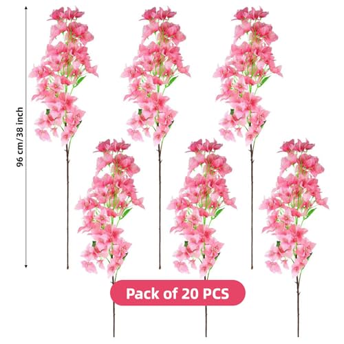 20 PCS Silk Bougainvillea Artificial Flowers，UV Resistant, 36 Branches, Long Stems Faux Flower, Realistic Fake Bougainvillea Vines, for Wedding Porch Home Party Garden DIY Decor - 38 inch (Pink) - color: 38inch Pink, size: 20 Pcs