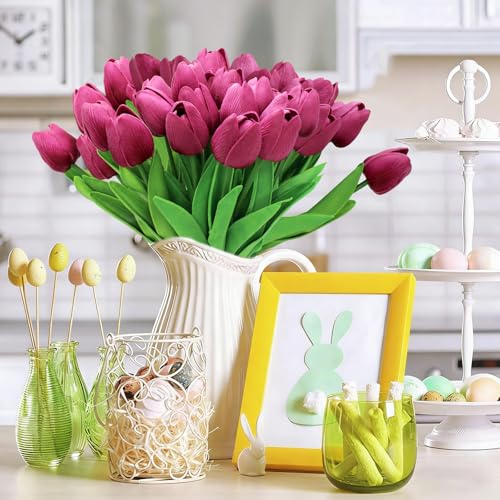 28pcs Hot Pink Flowers Artificial Tulip Stems Real Feel PU Tulips for Easter Spring Wreath Wedding Bouquet Centerpiece Floral Arrangement Cemetery Table Décor 13" Tall - color: Hot Pink
