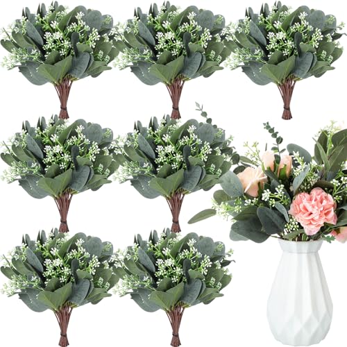 Janinka 20 Pcs Artificial Greenery Eucalyptus Stem Artificial Mixed Eucalyptus Stems Leaves Bulk with White Seeds Silver Dollar Faux Greenry Stems Sprays for Wedding Bouquet Decor Flower Arrangement