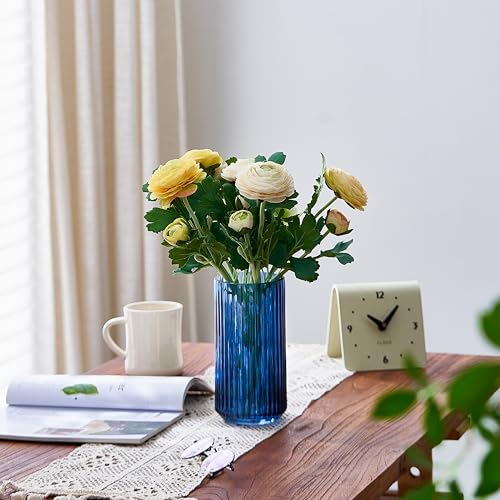 TIMEFOTO 7.5 inch Blue Glass Flower Vase for Pampas Grass, Medium Decorative Centerpiece Ribbed Vase for Dining Table, Office Desktop, Shelf Bookshelf, Mantel, Entryway, Bathroom, Countertop,Gift - color: Blue, size: 7.5 inch