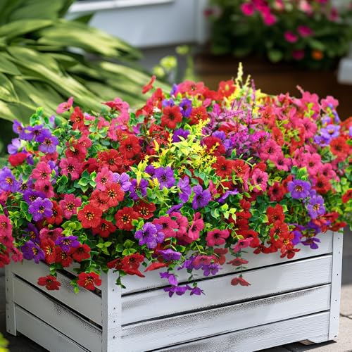 SHareconn 24 Bundles Artificial Flowers for Outdoors Decoration, Faux Plants Fake Silk Colorful Daisy Eucalyptus Lavender, UV Resistant for Outside Planters Home Porch Patio Indoor Spring,Mix 3 Colors - color: Mix 3 Colors