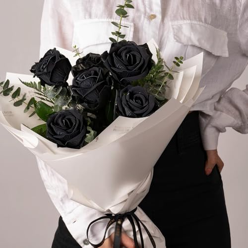 Jasion 12PCS Artificial Roses Realistic Velvet Silk Flowers Long Stem Faux Flowers Bouquet for Wedding Home Party Table Centerpieces Decorations (Black) - color: 12pcs Black