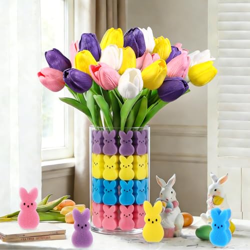 JOICEE Easter Decorations, 15pcs Artificial Tulips with 48pcs Sponge Bunnies Vase Filler Set Fake Tulips Flowers for Easter Decor Spring Home Kitchen Table Centerpieces Decoration