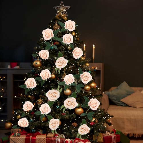 Sggvecsy 50 Pcs Artificial Roses Fake Flowers Velvet Silk Roses with Stems Bulk Realistic Faux Flowers for Bridal Bouquets Wedding Centerpieces Valentines Day DIY Home Party Decor (Champagne) - color: Champagne