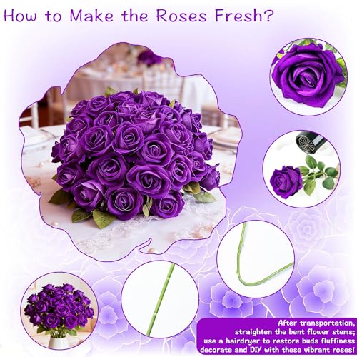 Rose Artificial Flowers Velvet Bouquet with Long Stem Real Touch Fake Roses Florals for Bridal Wedding Bouquet Party Arrangement Centerpiece Decorations (36, Purple) - color: Purple