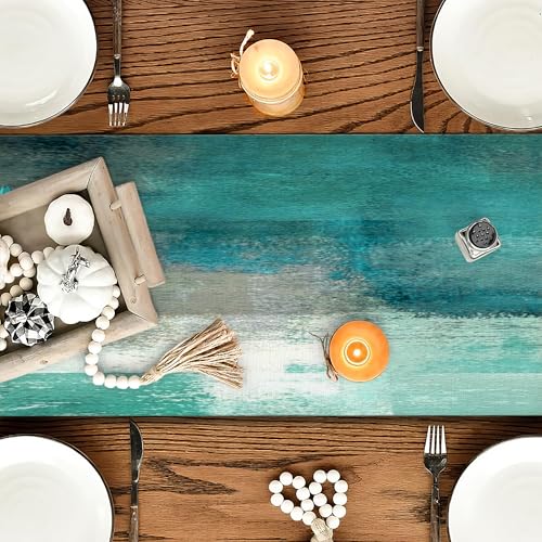 OYIMUA Soft Thick Chenille Teal and Grey Table Runner 36 Inches Long Vintage Abstract Painting Flowers Spring Summer Rustic Dining Table Decorations for Home Indoor Outdoor - size: 13" x 36", Table Runner, style: Teal