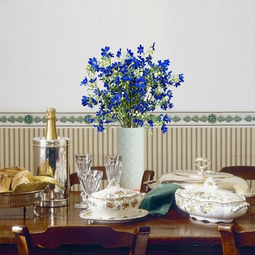10 PCS Silk Flowers with Long Stems Artificial Flower for Tall Vase Outdoors Fake Babys Breath Bouquet Faux Floral Wedding Party Decoration Home Indoor Table Centerpiece Decor (Blue) - color: Blue