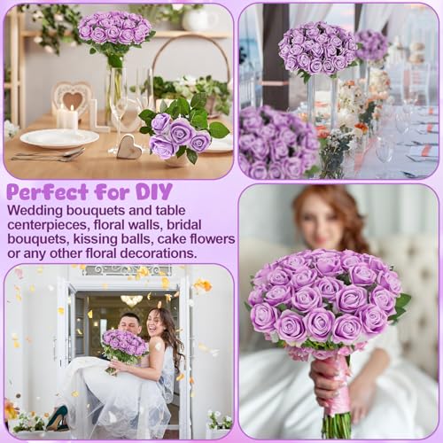 36 Pcs Light Purple Velvet Silk Rose Bouquet Bridal Artificial Flowers, Lavender Fake Rose Long Stem Realistic Flowers Bulk for DIY Wedding Ball Arrangement Centerpiece Home Party Decor - color: Light Purple