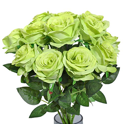 Nubry Artificial Silk Rose Flower Bouquet Lifelike Fake Rose for Wedding Home Party Decoration Event Gift 10pcs (Green) - color: Green