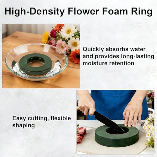 3 PCS 8 Inch Round Green Flower Foam Ring for Wedding, Birthdays, Party Decoration | High-density Material, Quickly Absorb Water, Long-lasting Moisturization, Easy Cutting, Plastic Base