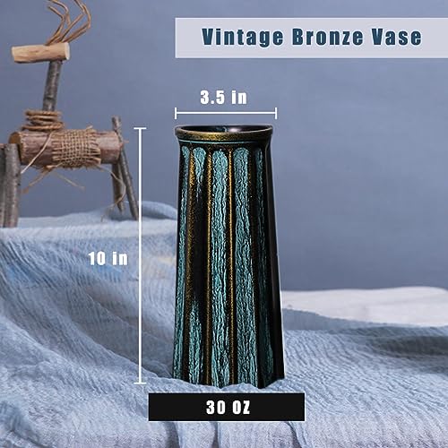 Valemoon Bronze Vintage Vase, 10 Inches Antique Glass Vase Rustic European Unique Chic Style for Tabletop, Kitchen, Office, Living Room Decoration - color: Bronze