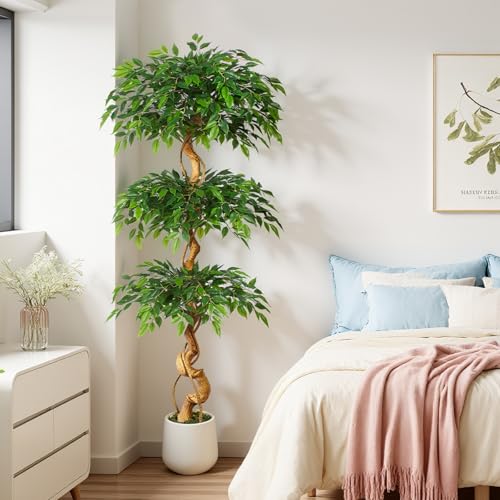 6ft Large Ficus Artificial Trees in White Pot, 72" Tall Fake Silk Tree with Natural Curved Trunk, Lush Faux Ficus Tree for Indoor Home Decor, Living Room, Office & Patio - size: 6ft
