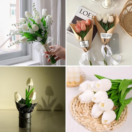 18pcs Artificial Tulips 13" PU Artificial Flowers for Family Friends Gifts DIY Flower Arrangement Home Kitchen Office Party Wedding Dining Table Decoration, White - color: White