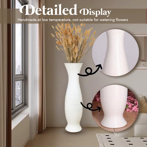 Tall White Floor Vase 30 inches, Handmade Modern Large Ceramic Vases for Home Decor Living Room, Horizontal Stripes Decorative Vases Wide Mouth Opening Corner Vase for Pampas Grass, Hallway - color: White Stripe Pattern
