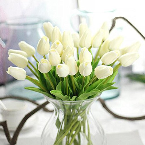 30 pcs Real-Touch Artificial Tulip Flowers Home Wedding Party Decor (Off White) - color: Off White