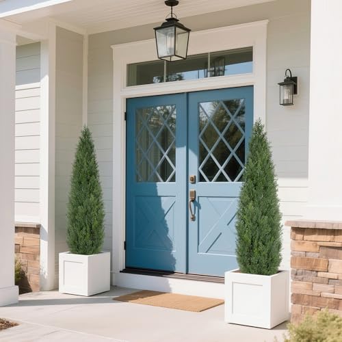 Artificial Cedar Trees for Outdoor 4 FT, 2 Set Outdoor Faux Cedar Bushes Topiary UV Protection and Lush Fake Cypress Shrubs for Front Door Porch Patio Garden Balcony Fence Outside Decoration - color: Deep Green, size: 4 FT