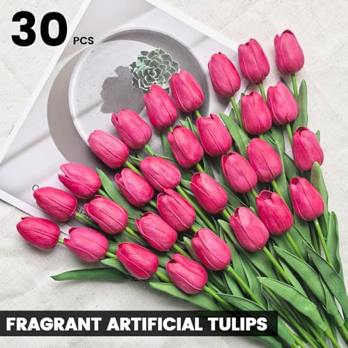 30 PCS Artificial Tulips Real Touch Tulips 13.5inch Long Stem Fake Flowers Silk Flowers for Spring Easter Mother's Day Decorations (Rose-red) - color: Rose-red